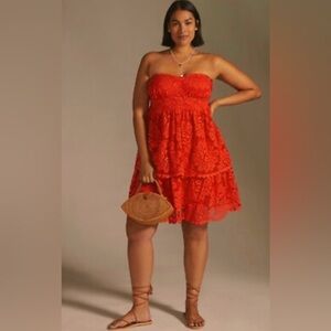 Anthropologie Strapless Red Lace Mini Dress Size L
